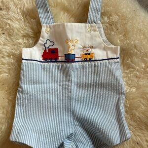 Baby Blue Seersucker Train Embroidered Shortalls